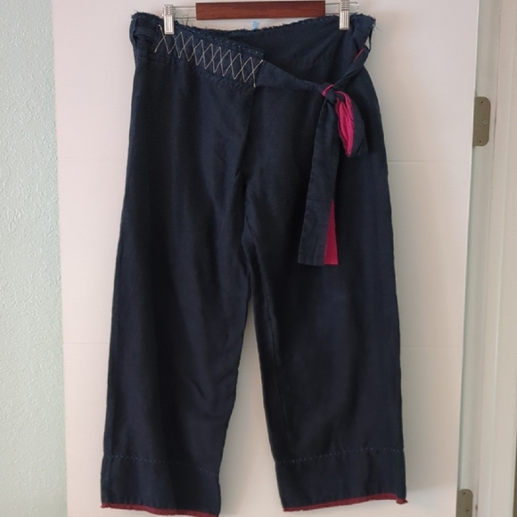 Anthropology Y2K Aquaris Ankle Boho Linen Navy Blue Wrap Pants with Pink Accents - Picture 1 of 7
